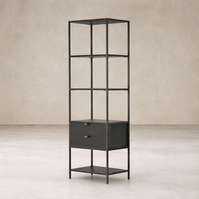 Front view of the Ellis Narrow Bookcase featuring a sleek black finish and two drawers.