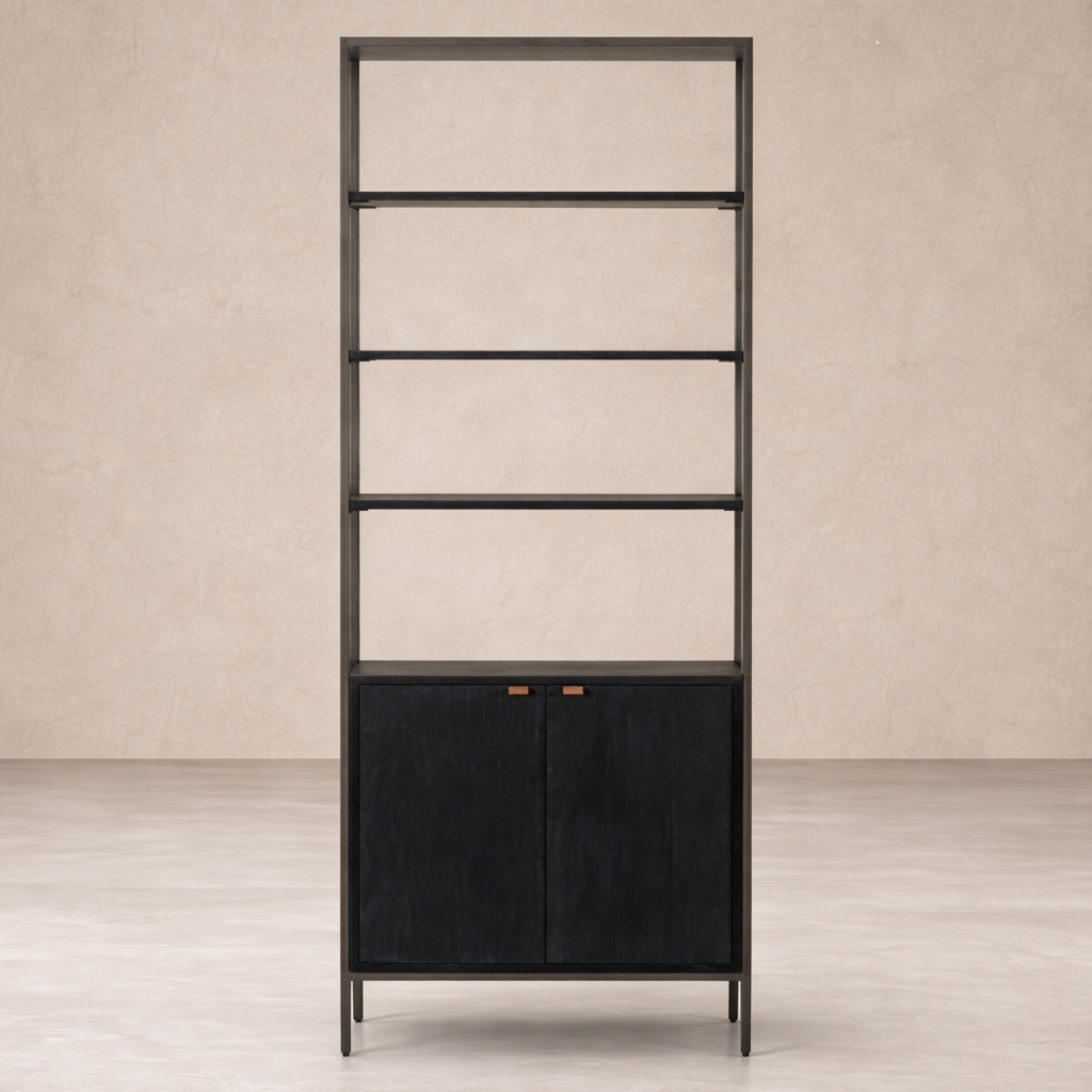 Front view of the Ellis Bookcase featuring a sleek black finish and stylish wooden accents.
