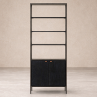 Front view of the Ellis Bookcase featuring a sleek black finish and stylish wooden accents.