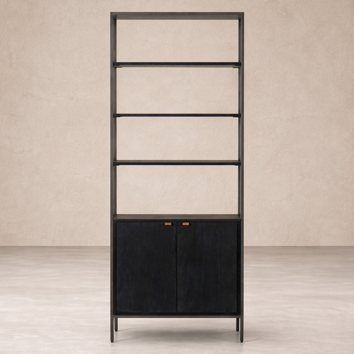 Front view of the Ellis Bookcase featuring a sleek black finish and stylish wooden accents.