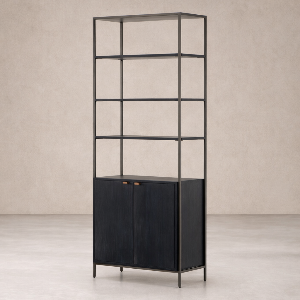 Three-quarter view of the Ellis Bookcase showcasing its sleek black finish and stylish metal frame.