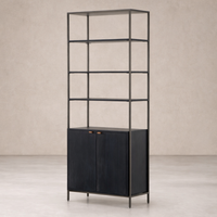 Three-quarter view of the Ellis Bookcase showcasing its sleek black finish and stylish metal frame.