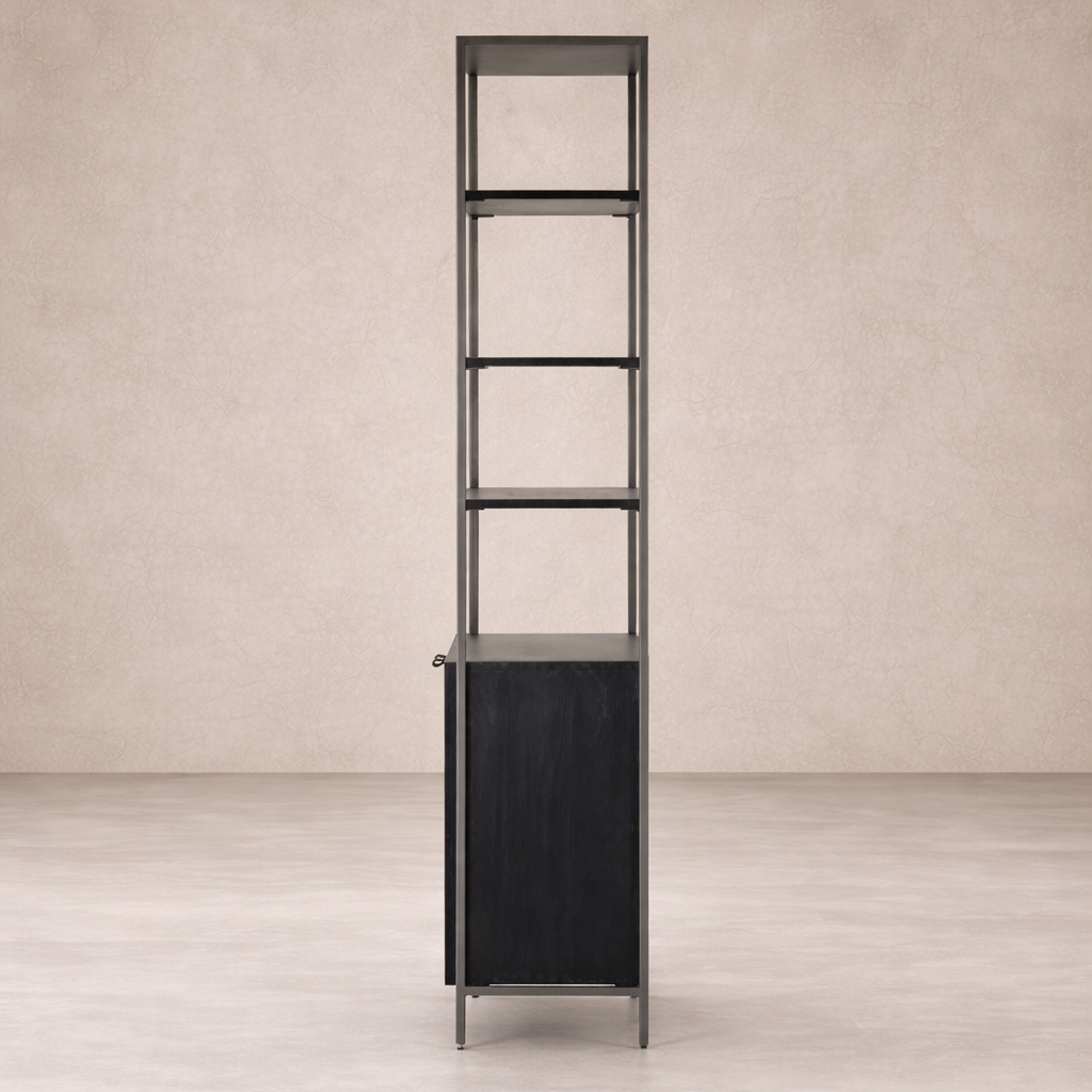 Front view of the Ellis Bookcase featuring a sleek black finish and minimalist design.