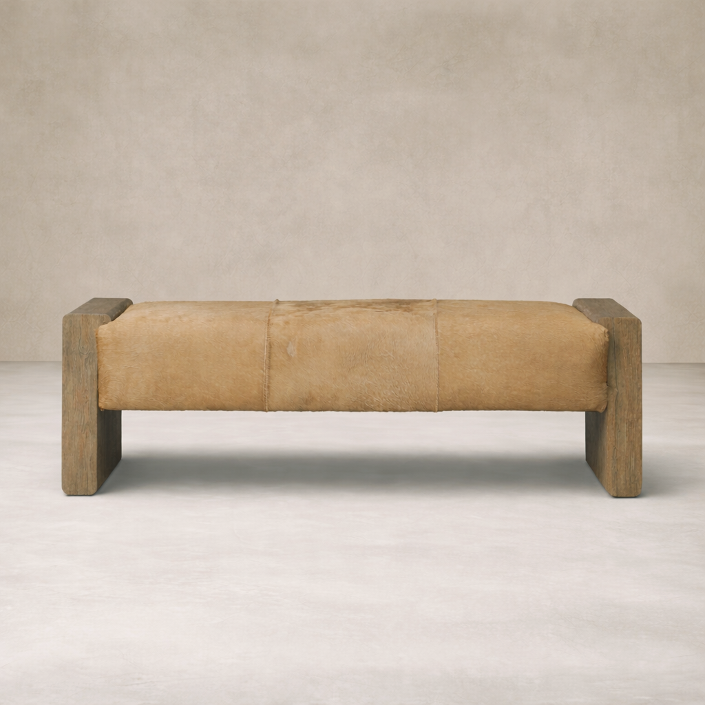 Front view of the Vale Accent Bench featuring a soft, upholstered seat and sturdy wooden frame.