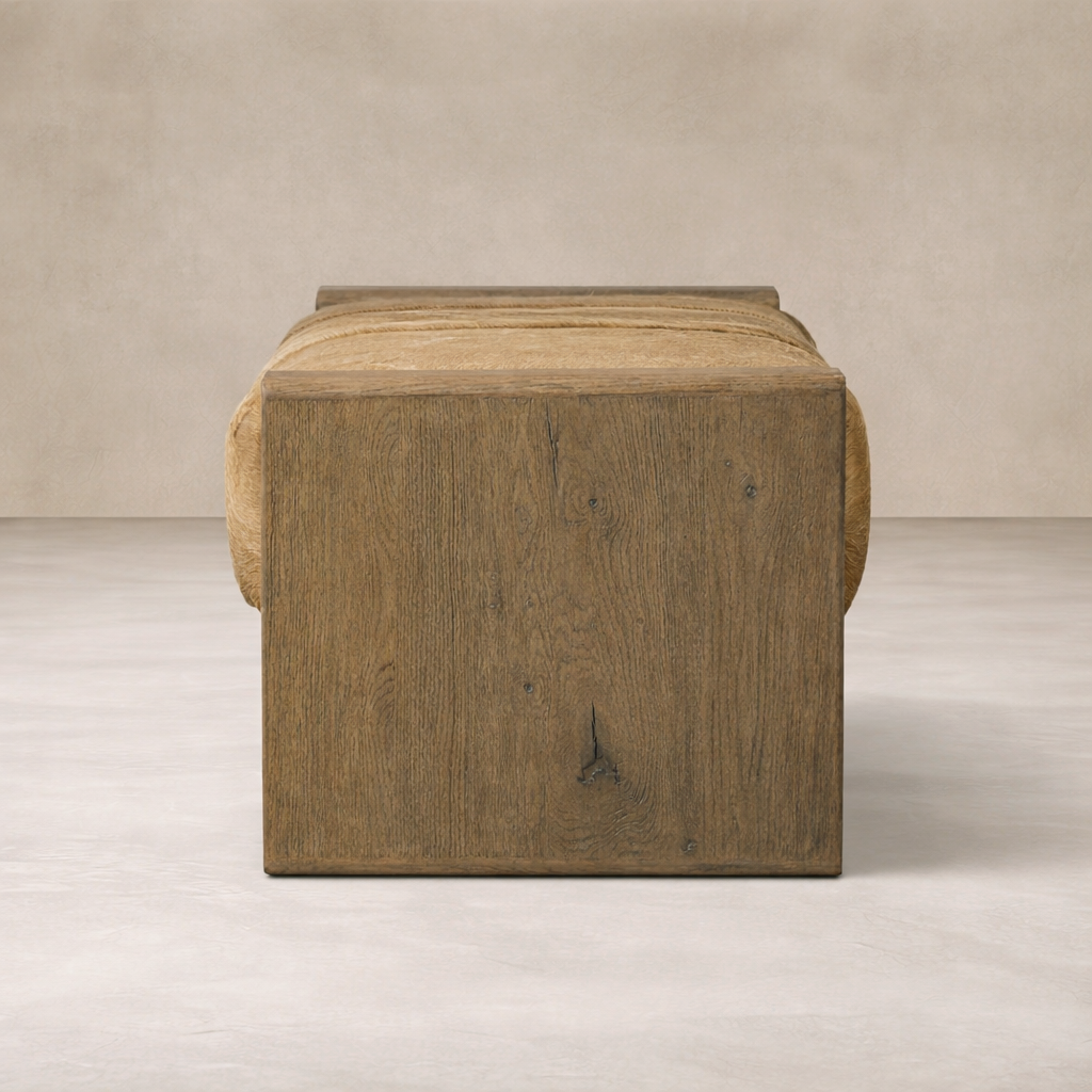 Back view of the Vale Accent Bench, showcasing its rustic wood finish and soft upholstery.