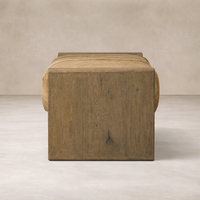 Back view of the Vale Accent Bench, showcasing its rustic wood finish and soft upholstery.