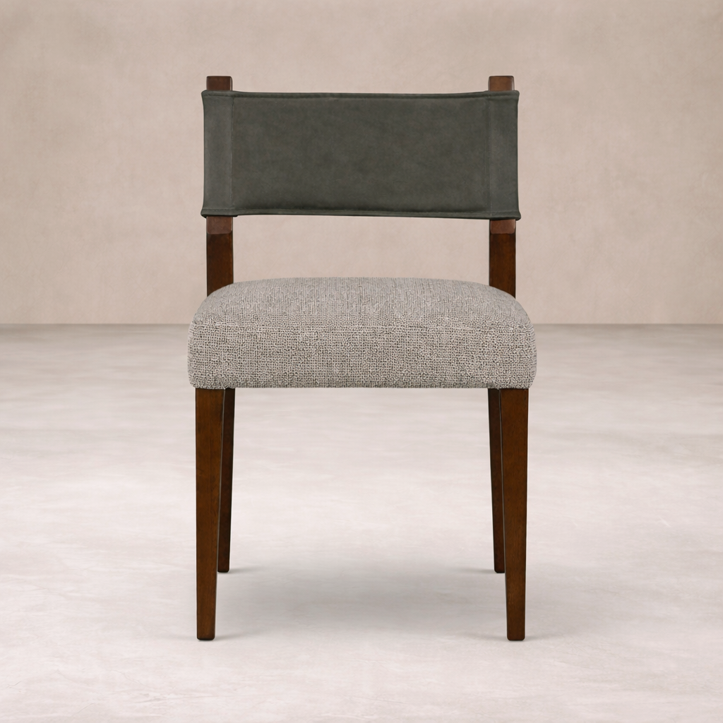 Front view of the Roseto Dining Chair featuring a sleek design with a textured seat and dark wood legs.