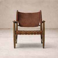 Front view of the Marcella Accent Chair showcasing its rich leather and woven seat design.