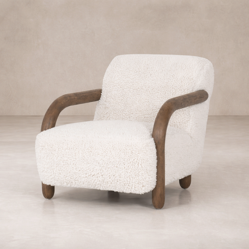Front view of the Siena Accent Chair featuring plush upholstery and curved wooden arms.