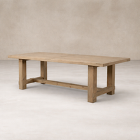 Side angle of the Verona Weathered Pine Dining Table, showcasing its rustic finish and sturdy construction.