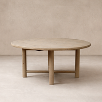 Front view of the Portofino Vintage Elm Dining Table, showcasing its round shape and natural wood finish.