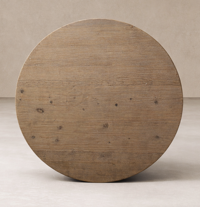 Detail of the Portofino Vintage Elm Dining Table showcasing its rustic round top and natural wood grain.