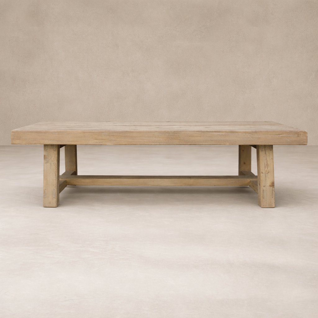 Front view of the Granada Vintage Elm Dining Table showcasing its rustic design and sturdy construction.