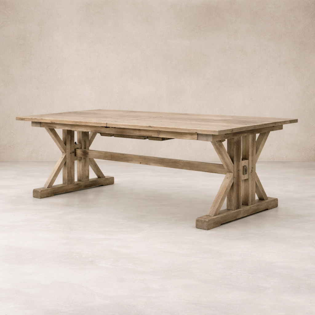 Side angle of the Positano Extension Dining Table showcasing its rustic wood finish and sturdy X-frame base.