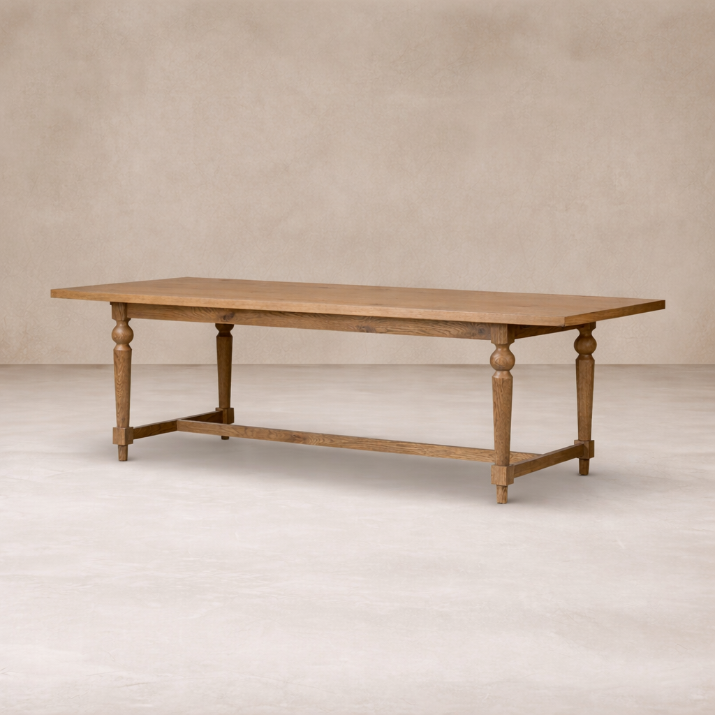 Side angle of the Menorca Extension Dining Table showcasing its rustic wood finish and elegant turned legs.