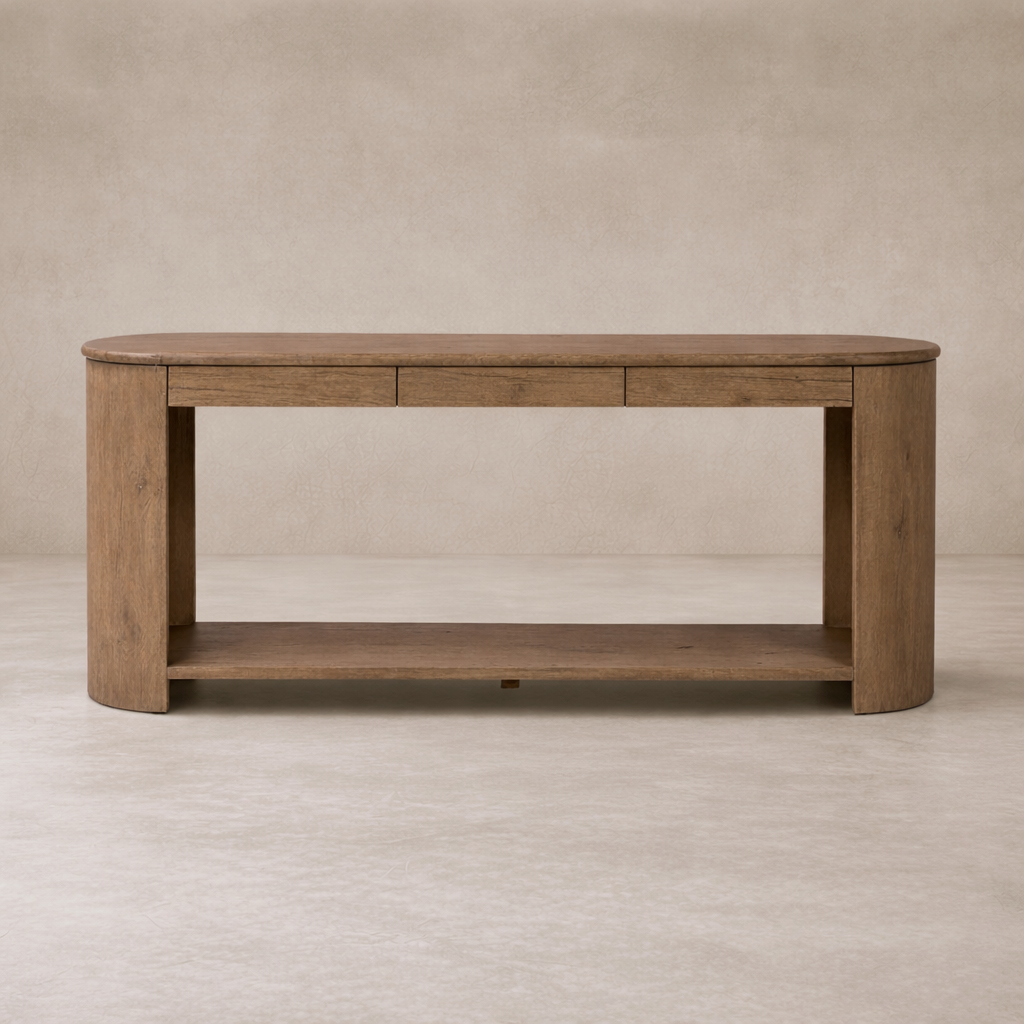 Front view of the Orla Console Table in a warm wood finish, featuring two drawers and a lower shelf.
