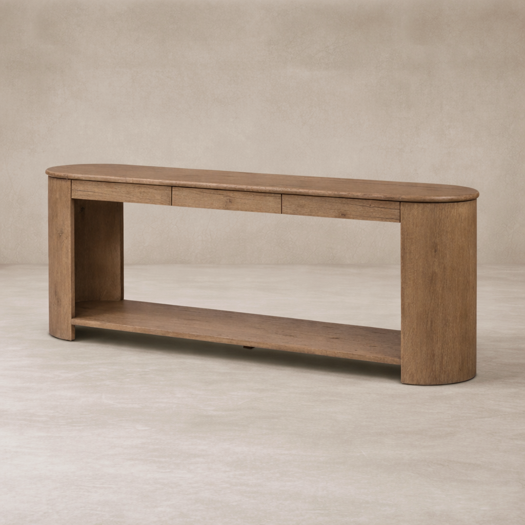 Front view of the Orla Console Table showcasing its smooth, rounded edges and natural wood finish.