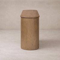 Front view of the Orla Console Table featuring a unique rounded shape and warm wood finish.