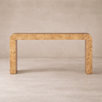 Front view of the Perrin Console Table showcasing its sleek, curved edges and warm, natural wood finish.