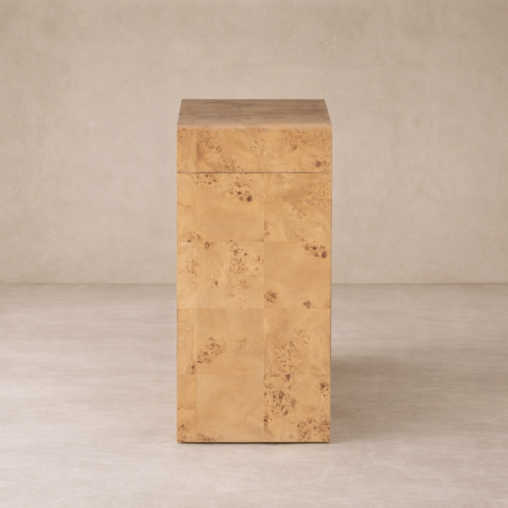 Front view of the Perrin Console Table showcasing its elegant burl wood finish and minimalist design.