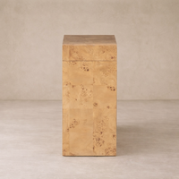 Front view of the Perrin Console Table showcasing its elegant burl wood finish and minimalist design.