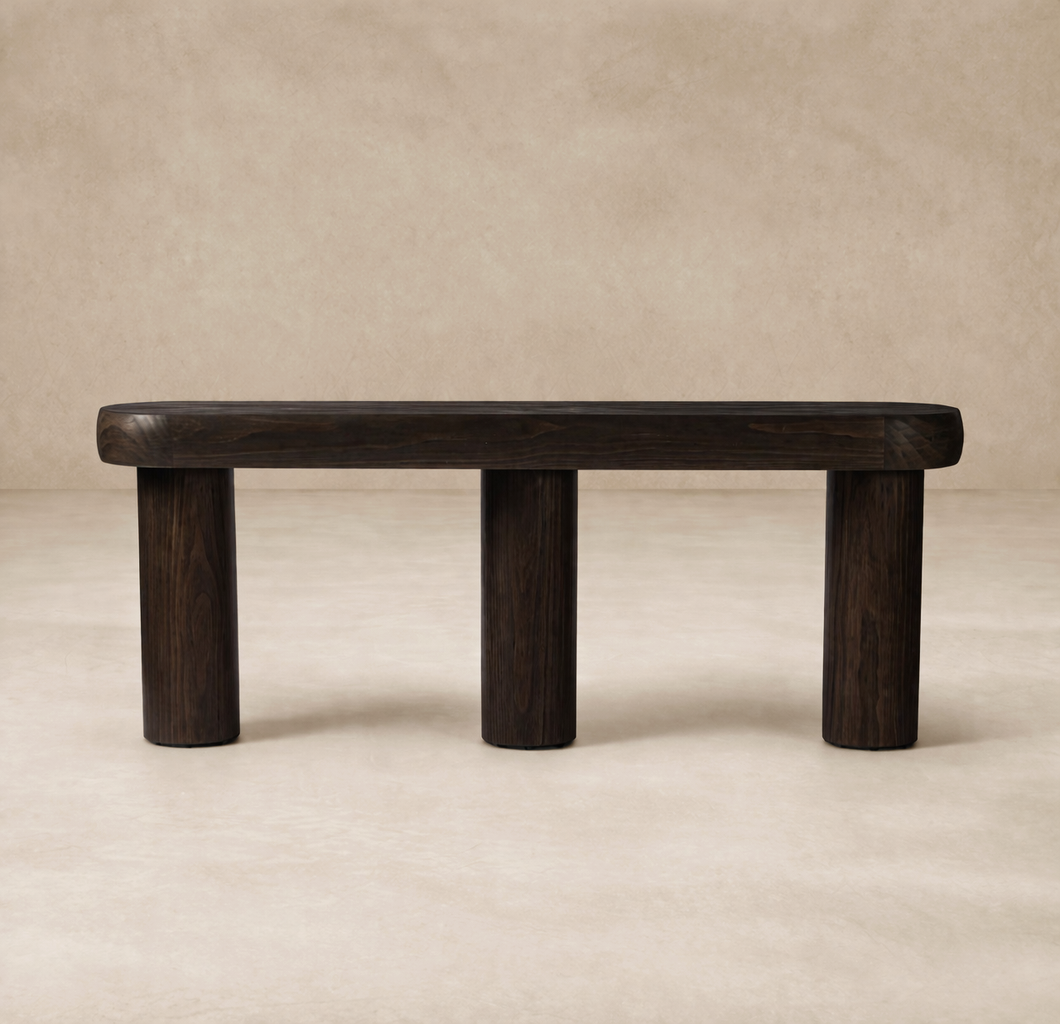 Front view of the Maelle Console Table showcasing its sleek, dark wood finish and rounded edges.