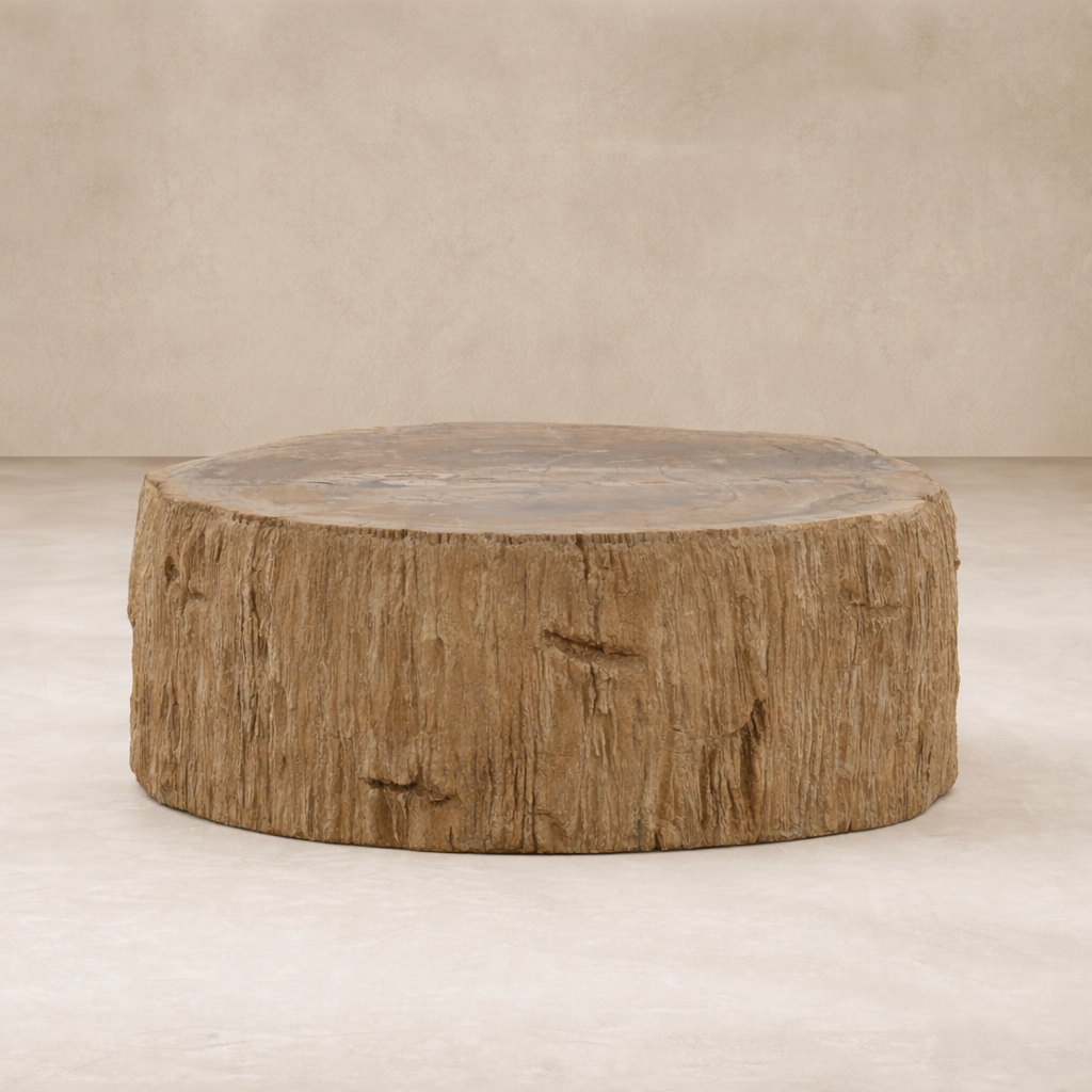 Rustic round Arik Coffee Table crafted from textured wood, showcasing its natural finish and unique design.