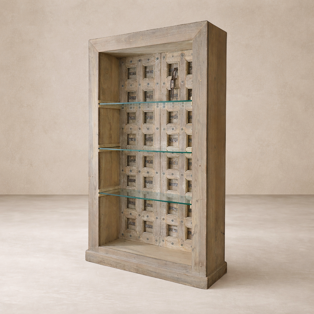 Three-quarter view of the Amaranth Vintage Haveli Door Bookshelf, showcasing its rustic wood finish and glass shelves.