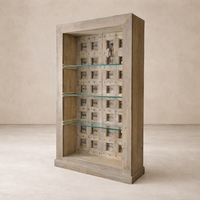 Three-quarter view of the Amaranth Vintage Haveli Door Bookshelf, showcasing its rustic wood finish and glass shelves.