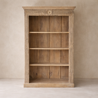 Front view of the Beirut Vintage Architecture Bookshelf showcasing intricate carvings and a warm wood finish.