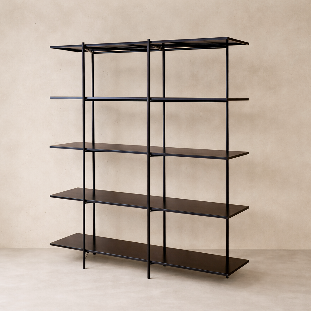 Three-quarter view of the Monaco Forged Iron Bookshelf, showcasing its sleek black finish and spacious shelves.