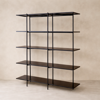 Three-quarter view of the Monaco Forged Iron Bookshelf, showcasing its sleek black finish and spacious shelves.