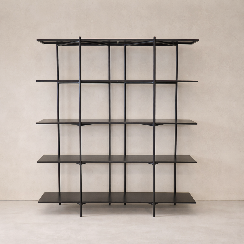 Front view of the Monaco Forged Iron Bookshelf showcasing its sleek black finish and open design.