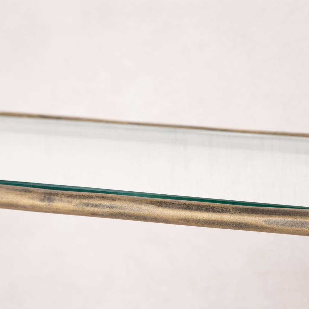 Close-up of the Winslow Shelf showcasing its sleek glass surface and rustic metal frame.
