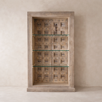 Front view of the Amaranth Vintage Haveli Door Bookshelf showcasing its rustic wood finish and glass shelves.
