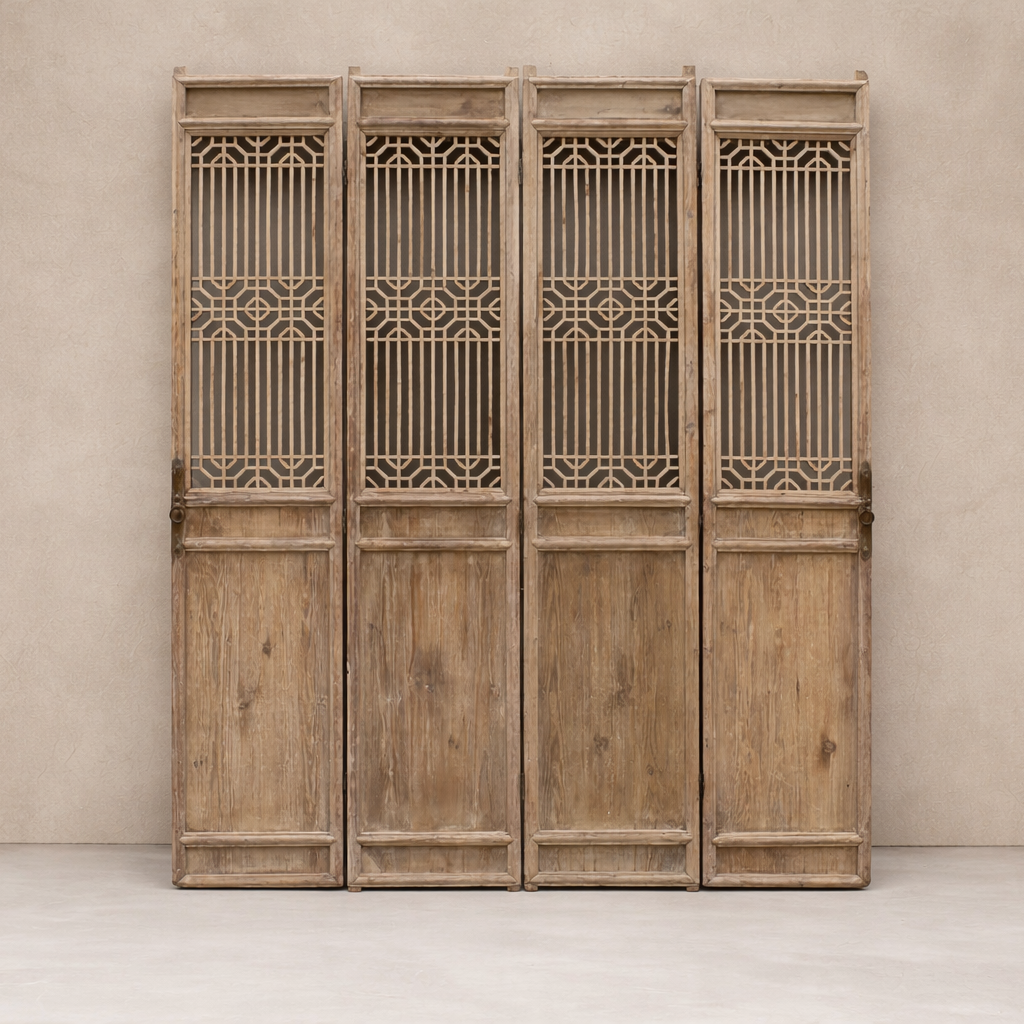 Front view of Carved Elm Vintage Lattice Doors, showcasing intricate lattice work and rustic wood finish.
