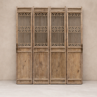 Front view of Carved Elm Vintage Lattice Doors, showcasing intricate lattice work and rustic wood finish.