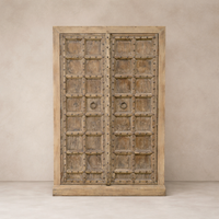 Front view of the Hanoi Vintage Haveli Door Cabinet featuring intricate wood detailing and a rustic finish.