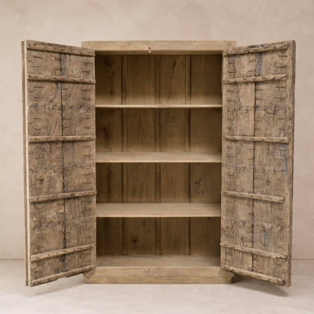 Front view of the Hanoi Vintage Haveli Door Cabinet, showcasing rustic wood finish and spacious interior shelves.