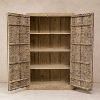Front view of the Hanoi Vintage Haveli Door Cabinet, showcasing rustic wood finish and spacious interior shelves.