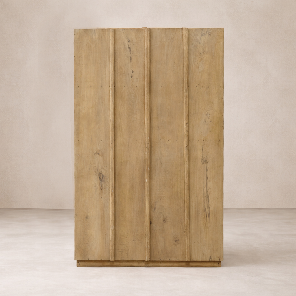 Front view of the Hanoi Vintage Haveli Door Cabinet, showcasing its rustic wooden finish and vertical panel design.
