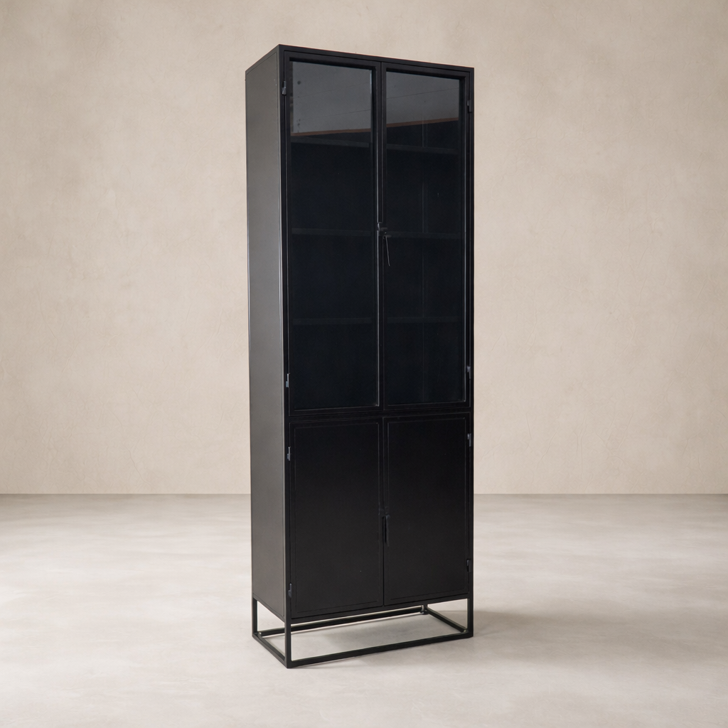 Three-quarter view of the Anton Iron and Glass Cabinet showcasing its sleek black finish and spacious storage.
