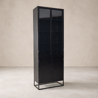 Three-quarter view of the Anton Iron and Glass Cabinet showcasing its sleek black finish and spacious storage.