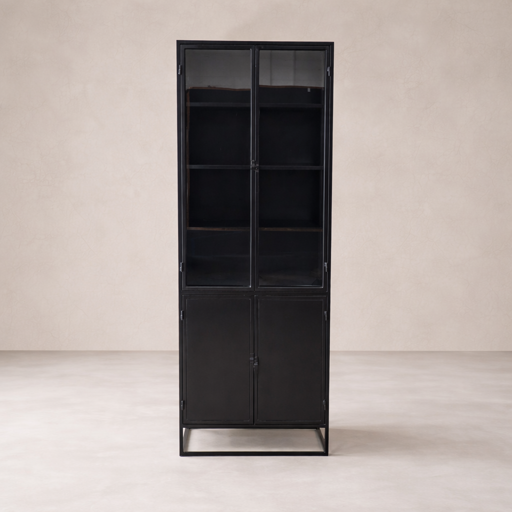Front view of the Anton Iron and Glass Cabinet, showcasing its sleek black metal frame and glass doors.