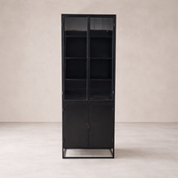 Front view of the Anton Iron and Glass Cabinet, showcasing its sleek black metal frame and glass doors.