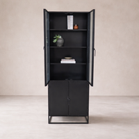 Front view of the Anton Iron and Glass Cabinet showcasing its sleek black finish and glass doors.