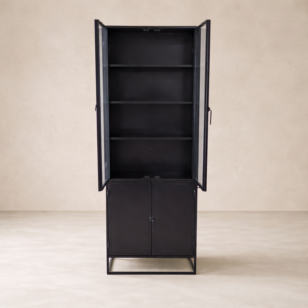 Front view of the Anton Iron and Glass Cabinet, showcasing its sleek design and spacious shelving.