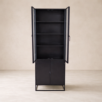 Front view of the Anton Iron and Glass Cabinet, showcasing its sleek design and spacious shelving.