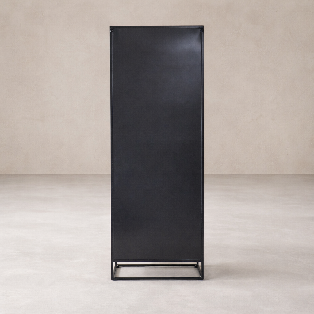 Front view of the Anton Iron and Glass Cabinet featuring a sleek black finish and minimalist design.