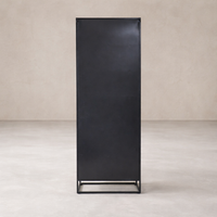 Front view of the Anton Iron and Glass Cabinet featuring a sleek black finish and minimalist design.